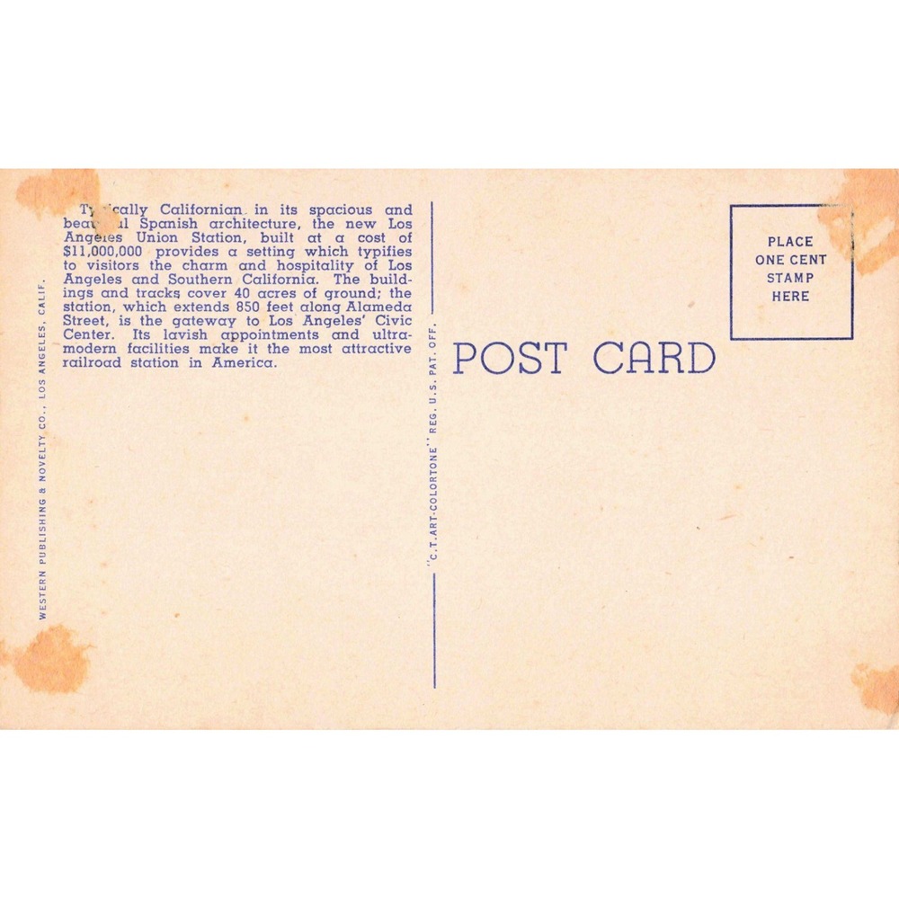Los Angeles California CA New Union Station Train Depot Linen Postcard 1939 - Picture 2 of 2